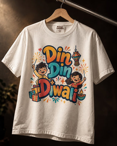 Din Din Diwali kids' T-shirt: two children with sparklers, a lantern and a diya